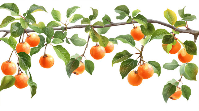 Watercolor illustration of persimmon branch with leaves and persimmons hanging from it - ai generative