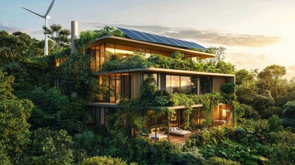 Obraz premium Ecological house with solar panels surrounded by vegetation