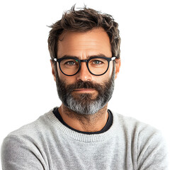 Portrait of a Man with a Beard and Glasses on a White Background