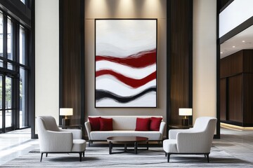 A modern lounge featuring stylish chairs and a large abstract artwork with red and white waves, complemented by elegant lighting and a spacious layout.