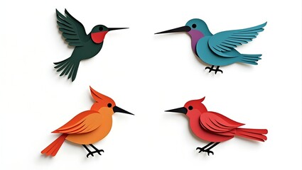 Obraz premium Four stylized birds in a layered paper-cut style: a green-red swallow, a teal-purple hummingbird, a blue-orange kingfisher, and a red cardinal, set in a grid layout.