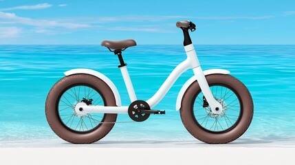 Fototapeta premium White Fat Tire Bicycle on Sandy Beach near Turquoise Ocean