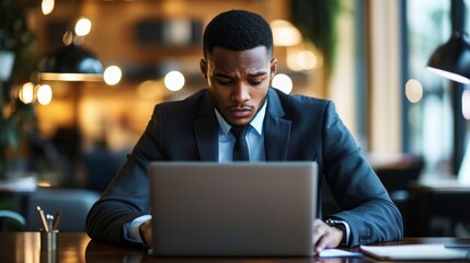 Fototapeta premium Young Professional Concentrating on Laptop in Sharp Business Attire