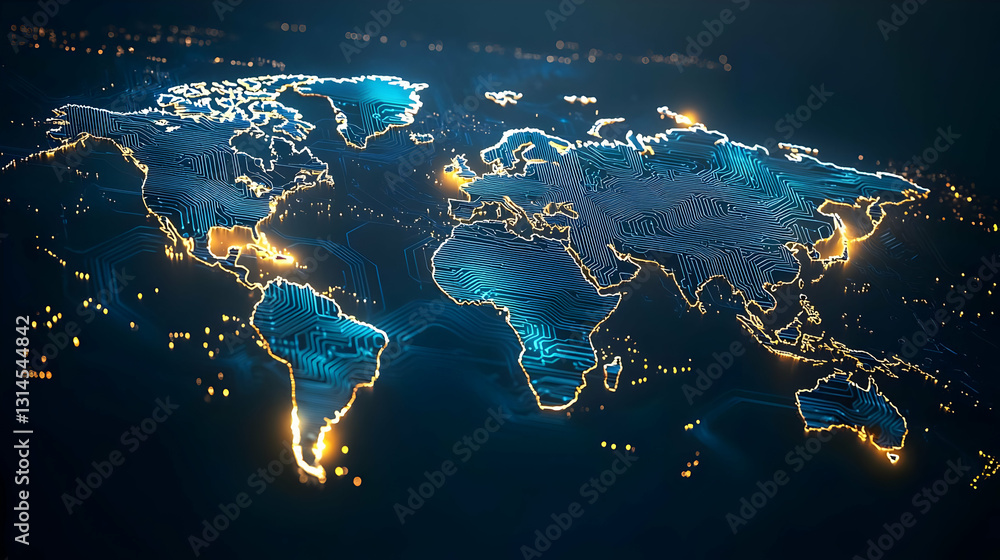 Poster illuminated world map with digital grid on dark background