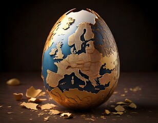 An Easter egg painted with earthy tones mimicking a globe is poised among shards, suggesting global springtime celebrations.