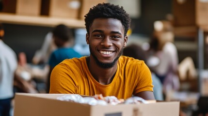 Young Smiling Man in Bright Shirt Working with Delivery Box