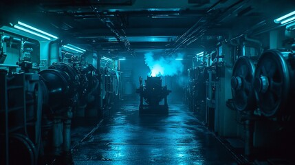 Steaming Engine Room, Industrial Interior, Blue Light