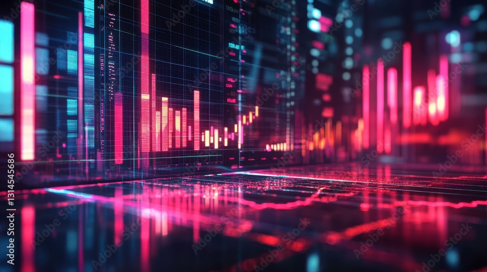 Poster a vibrant digital visualization featuring glowing graphs and data metrics, suggesting technological 