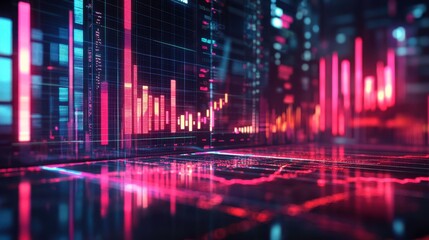 A vibrant digital visualization featuring glowing graphs and data metrics, suggesting technological advancement and financial analysis.