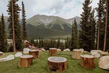 Scenic mountain lodge wedding venue with bride's seating area featuring log benches, surrounded by lush nature and majestic peaks. Concept focuses on mountain lodge wedding atmosphere