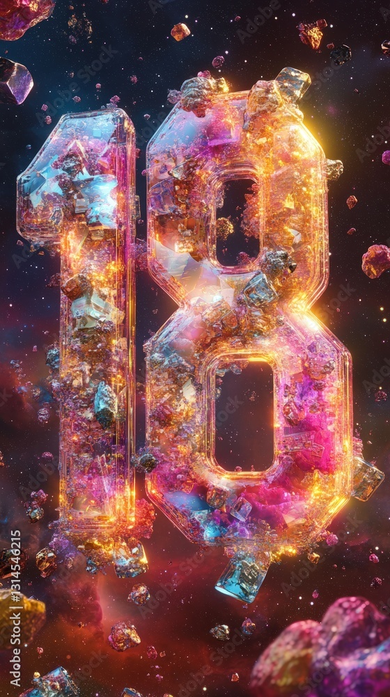 Poster abstract glowing digital number eighteen floating in colorful cosmic space with scattered particles 