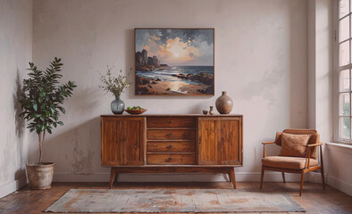 Room with a wooden cabinet, a chair, and a vase. The room has a calm and peaceful atmosphere