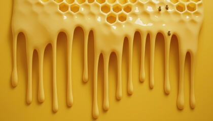 A close-up of golden honey dripping from a honeycomb, showcasing its smooth texture against a bright yellow backdrop.