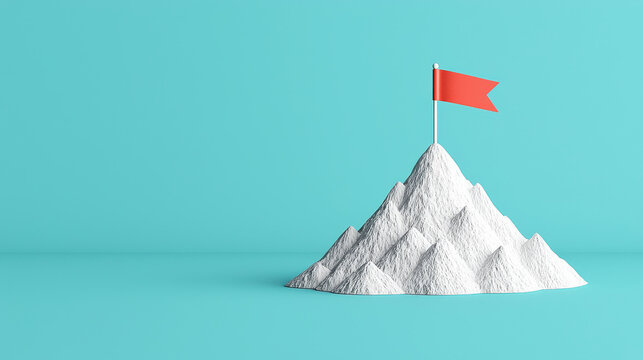 mountain peak with red flag at summit, symbolizing achievement and adventure. scene is set against bright turquoise background, creating vibrant and inspiring atmosphere