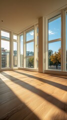 Bright Modern Empty Room with Sunlight Streaming Through Large Windows and Wooden Floor in a Contemporary Apartment