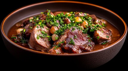 Fototapeta premium A hearty bowl of rich, dark stew, garnished with fresh herbs. Perfect comfort food!