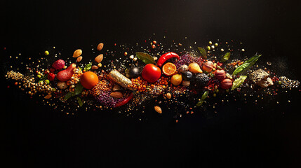 Naklejka premium Vibrant food explosion colorful spices nuts fruits healthy eating on transparent background dark diet