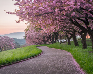Fototapeta premium Pink cherry blossoms line a curved path, creating a serene spring scene at sunrise, showcasing tranquility and natural beauty