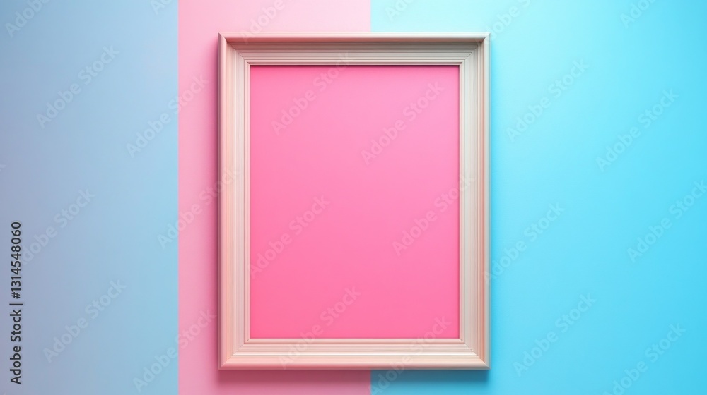 Poster a decorative empty frame rests against a backdrop of soft pink and light blue hues. the playful arra