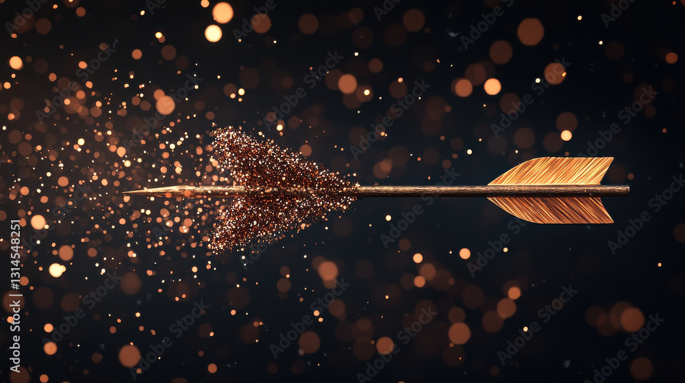 Poster sparkling arrow flying through air, surrounded by shimmering particles, creates captivating visual e