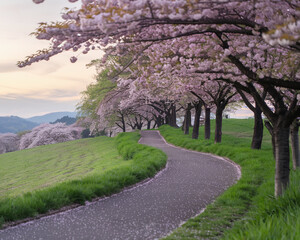 Curving path through rows of pink cherry blossom trees, grassy landscape and distant hills, showcasing springtime serenity and natural beauty