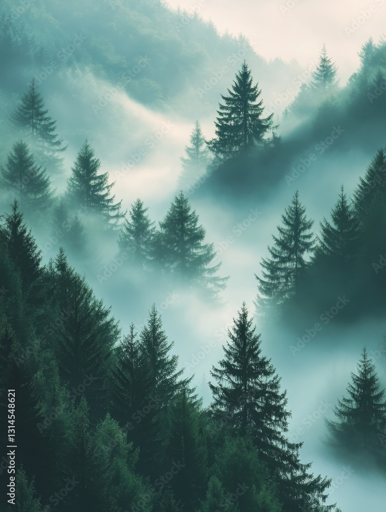 Poster misty forest landscape with evergreen trees and dense fog creating a serene and atmospheric scene ca