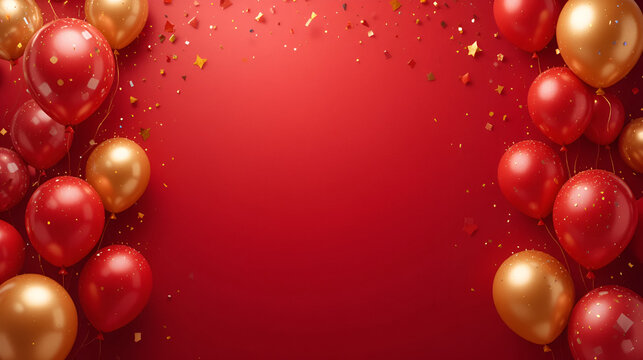 Celebration party banner background with red, gold balloons, carnival, festival or birthday balloon red background, red celebration background template