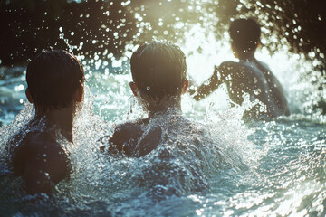 Two boys playing in the water, splashing joyfully with big smiles on their faces. The sun shines brightly in the background, casting a warm glow over the scene.