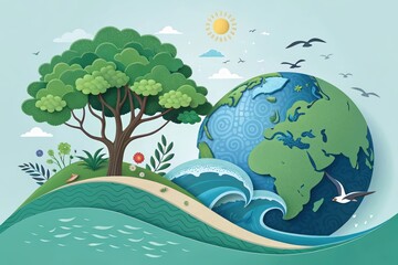 Naklejka premium A vibrant illustration of Earth surrounded by waves, trees, and birds, symbolizing nature's beauty and environmental harmony.