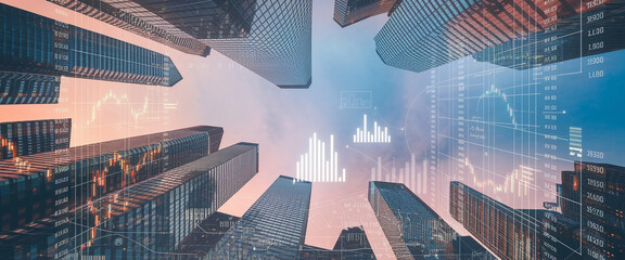 Low-angle view of skyscrapers, overlaid with financial data graphs and charts, symbolizing modern finance and urban development