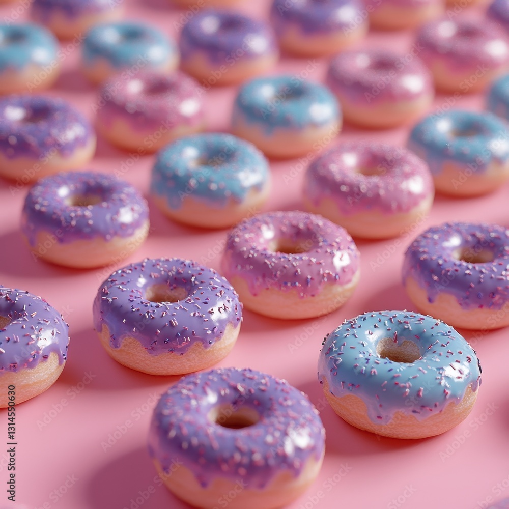 Aufkleber pastel donuts arrayed on pink surface creating playful and vibrant visual treat with a focus on swee