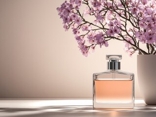 A perfume bottle in a minimalist studio setting. Generative AI