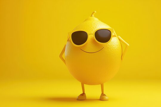 Cartoon funny lemon character with smiling face and sunglasses, illustration on yellow background.