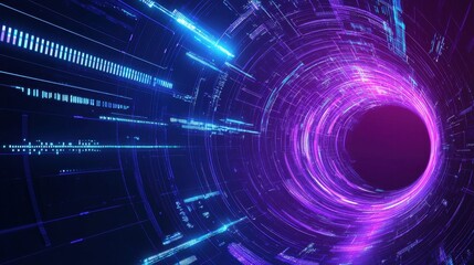 Obraz premium Blue and purple glowing futuristic tunnel with digital grid patterns, sci-fi cyber background