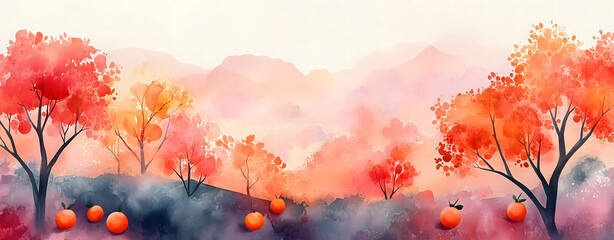 Autumn Orchard Painting: A vibrant painting showcases a colorful orchard, with trees bearing bright orange fruit and foliage set against the backdrop of soft mountains.