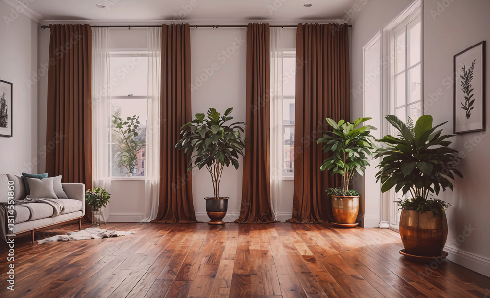 Aufkleber large room with brown curtains and a tan couch. there are several potted plants in the room, includi