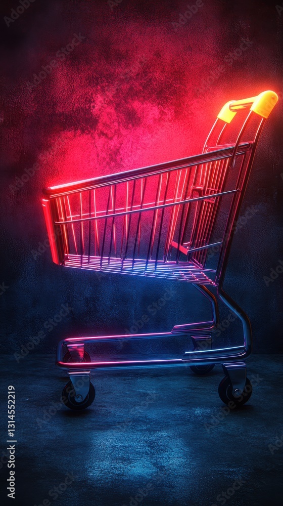 Poster shopping cart illuminated with neon lights against a dark textured background creating a modern and 