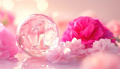 Pink flowers arrangement with number one inside of crystal glass on light background, soft focus and romantic atmosphere