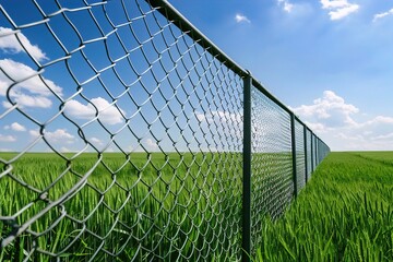 Fototapeta premium A close-up view of a chain-link fence against a vibrant green field under a blue sky with fluffy clouds. symbolizing land protection and security