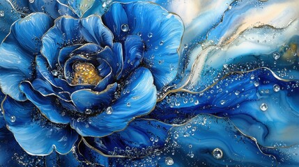 A deep blue rose with fresh dewdrops, capturing an ethereal, tranquil morning moment.
