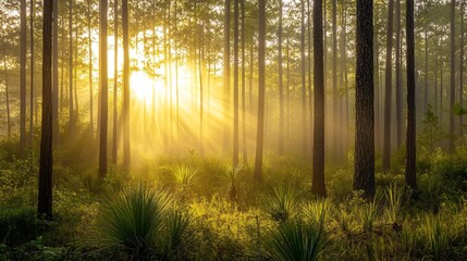 Fototapeta premium Sunbeams pierce misty pine forest at dawn (2)