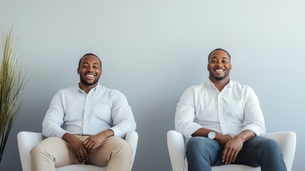 Fototapeta premium Two Jovial Men Sitting Side by Side in Classic Button Down Shirts