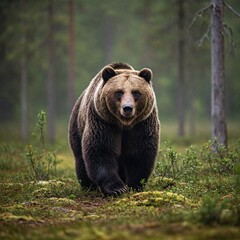 Fototapeta premium Majestic Bear in the Forest: A powerful brown bear confidently walks toward the viewer in a dense, green forest, its gaze intense, with detailed fur and natural habitat.