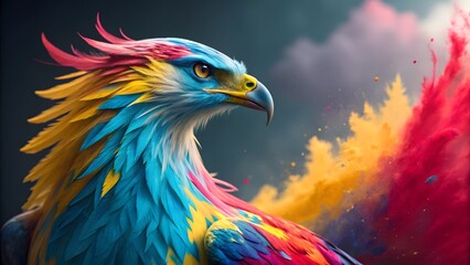 A majestic eagle with a sleek, sculpted face, covered in vibrant