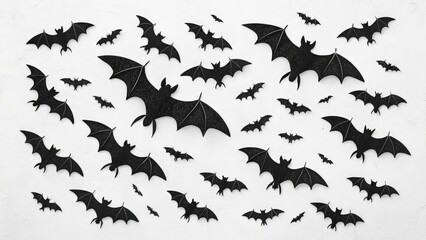 Obraz premium A collection of black bat silhouettes arranged against a white background, creating a spooky and dynamic visual effect.