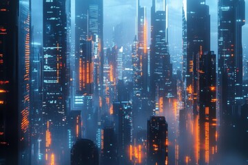 Fototapeta premium Cyberpunk Cityscape: A Futuristic Urban Landscape of Neon Lights and Glowing Towers