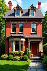 Classic red brick house exterior, multiple windows , wall texture, building facade, side