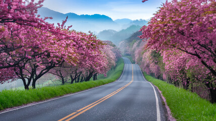 Fototapeta premium Scenic road curving through a tunnel of pink cherry blossoms, leading to misty mountains, creating a peaceful and tranquil atmosphere, ideal for travel or nature concepts
