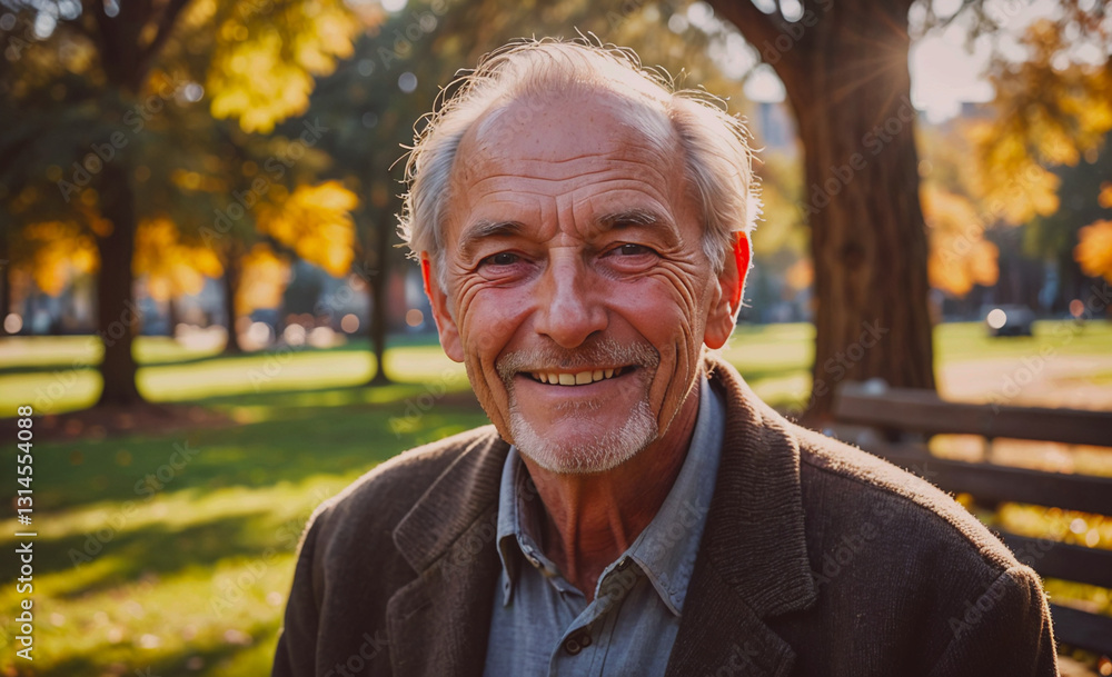 Aufkleber man with a beard and gray hair is smiling in a park. he is wearing a brown jacket and a gray shirt