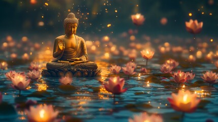 Meditative buddha sculpture surrounded by floating lotus flowers tranquil water setting serene environment peaceful viewpoint spiritual concept for mindfulness and reflection